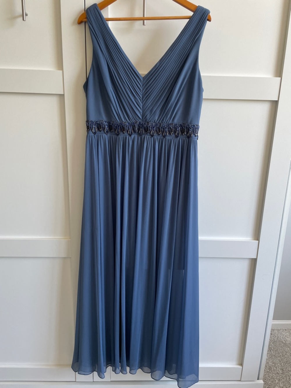 Alex Evenings Dusty Blue Sleeveless Chiffon Maxi Dress with Beaded Waist